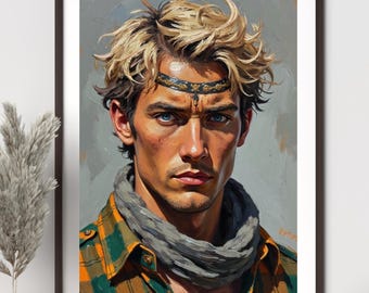 Printable male portrait wall art, modern oil painting digital download
