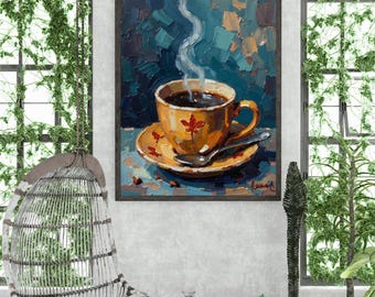 Coffee Cup Wall Art, Impressionist Printable Print, Cozy Kitchen Decoration