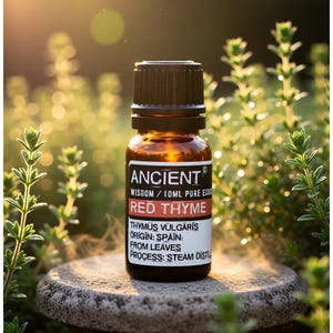 Op de afbeelding: Een bruine glazen fles van Ancient Wisdom Red Thyme etherische olie, 10 ml, met een zwarte dop. Het etiket bevat de tekst "Your Natural Shield" en "Purify and Protect with Ancient Wisdom". De fles staat op een stenen oppervlak.