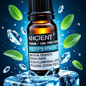 Könnte beinhalten: Eine braune Glasflasche mit ätherischem Öl von Ancient Peppermint mit schwarzem Verschluss, auf einem Eisblock. Das Etikett lautet "Peppermint" und "10ml Pure Essence". Grüne Minzblätter und Eiskristalle umgeben die Flasche.