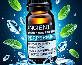 Könnte beinhalten: Eine braune Glasflasche mit ätherischem Öl von Ancient Peppermint mit schwarzem Verschluss, auf einem Eisblock. Das Etikett lautet "Peppermint" und "10ml Pure Essence". Grüne Minzblätter und Eiskristalle umgeben die Flasche.