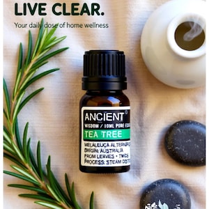Könnte beinhalten: Eine braune Glasflasche mit Ancient Tea Tree Öl und schwarzem Verschluss, neben einem weißen Keramikgefäß und zwei dunklen Steinen. Das Bild enthält den Text "Breathe Deep. Live Clear."