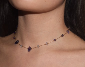 Dainty amethyst natural stone necklace with natural gemstones - gold-linked in purple - choker 24 carat gold-plated