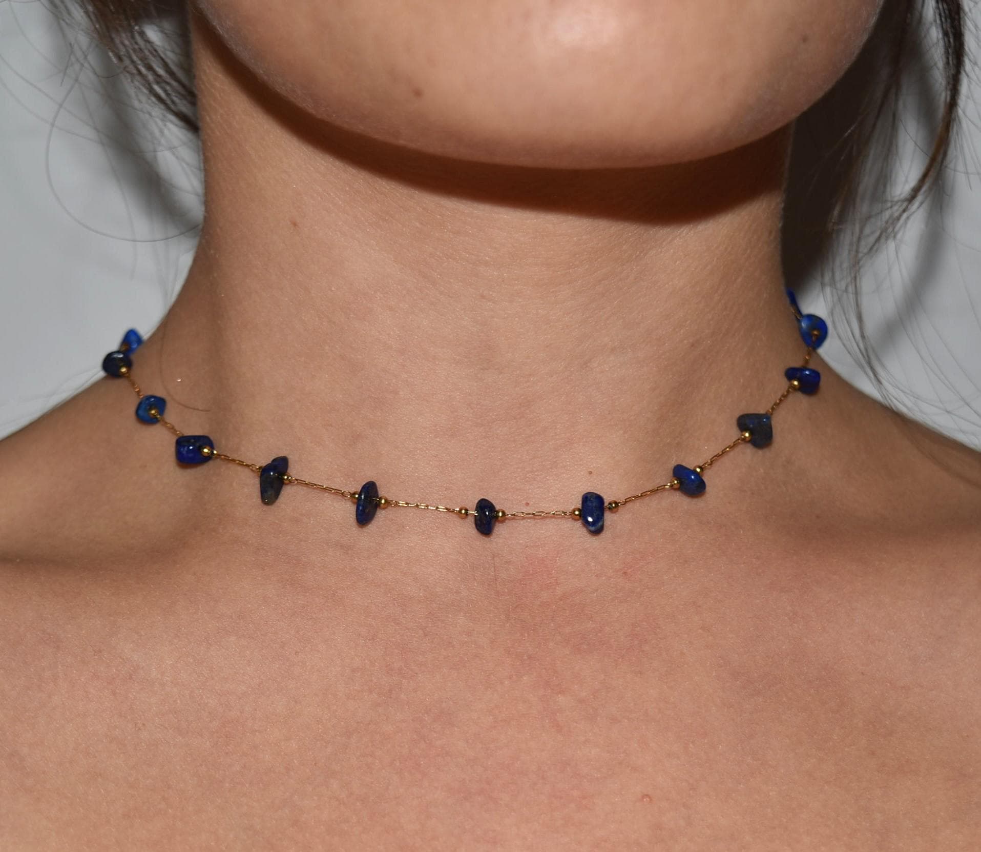 Dainty Lapis Lazuli natural stone necklace with natural gemstones - gold-linked in blue - choker