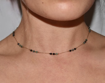 Round faceted tourmaline natural stone necklace with natural gemstones - gold linked in blue - choker