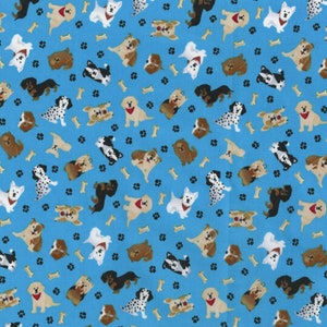 Novelty Cotton Fabric Tossed Pups on Teal/Aqua