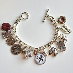 Coffee Lover Charm Bracelet: Silver Plated, "Life Begins After Coffee"