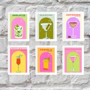 Colorido conjunto de póster de cóctel de 6. Martini, cosmopolita, espresso martini, cóctel, mimosa, champán, mojito