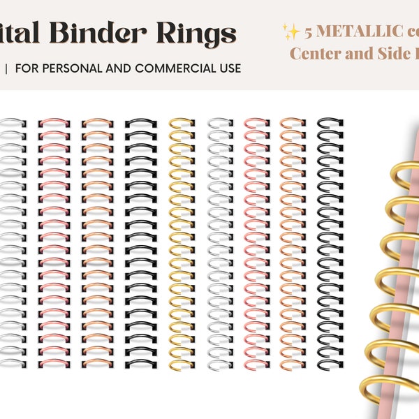 Realistische Digitale Binder Ringe für Planner | Quadratische Löcher | 5 Metallic Farben - Gold, Silber, Rosegold, Kupfer, Schwarz