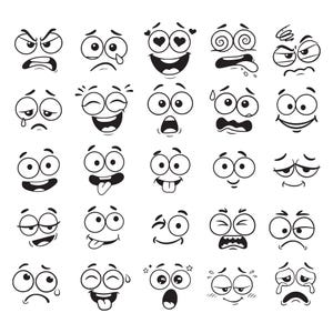 Peut inclure: Illustration en noir et blanc de visages de dessins animés exprimant diverses émotions. Chaque visage est dessiné avec des contours noirs et un remplissage blanc, présentant des expressions variées à travers les yeux, les sourcils et la bouche. Les émotions vont de la joie à la colère.