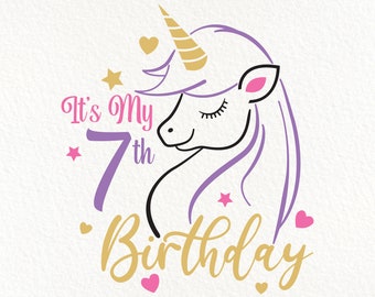 7th Birthday Unicorn SVG: Printable Illustration (Digital Download)