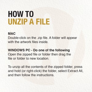 Puede incluir: Un fondo blanco con texto negro que explica c&oacute;mo descomprimir un archivo en una Mac y una PC con Windows. El texto incluye instrucciones para ambos sistemas operativos.