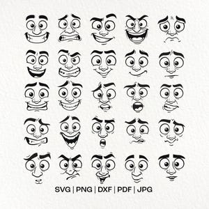 Pode incluir: Uma coleção de vinte e cinco ilustrações de rostos de desenhos animados em preto e branco com várias expressões, incluindo sorrisos, cenhos franzidos e olhares surpresos. O texto SVG | PNG | DXF | PDF | JPG está impresso na parte inferior.