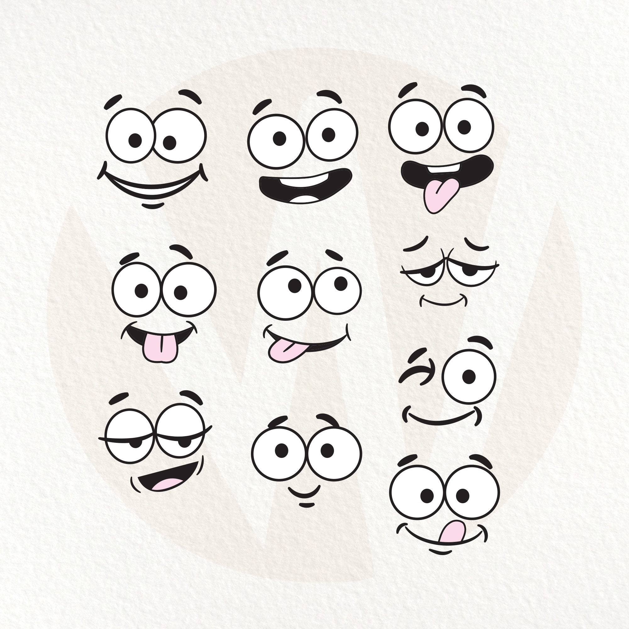 Faces SVG. Fun Cartoon Style Facial Expressions. Instant Digital