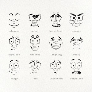 Facial Expressions 12 Various Cartoon Style Facial Expressions. SVG, EPS, PNG, Dxf File Format.