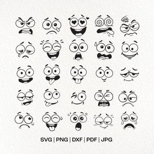 May include: A collection of twenty-five black and white cartoon face illustrations featuring various expressions such as joy, sadness, surprise, and anger. The graphic set includes diverse eye shapes and mouth positions. Text at the bottom reads SVG | PNG | DXF | PDF | JPG.