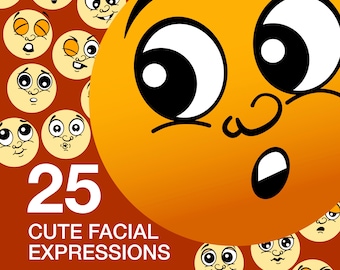 Facce in formato SVG. 25 espressioni facciali carine e divertenti in stile cartone animato. Una varietà di emozioni adatte a un viso dolce e carino. Download digitale immediato.