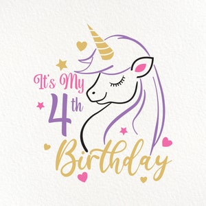 It's My 4th Birthday-SVG met eenhoornillustratie. Directe download afdrukbare in svg-, png-, eps- en dxf-indelingen.