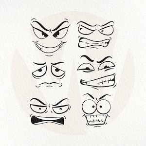 Expressões Faciais. Rostos de Desenho Animado Irritados e Mal-humorados SVG. Download Digital Instantâneo.