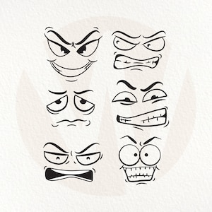 Facial Expressions. Angry Grumpy Cartoon Faces SVG. Instant Digital Download.