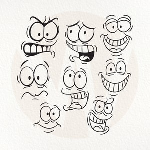 Caras SVG. 8 expresiones faciales de dibujos animados. Descarga digital instantánea.