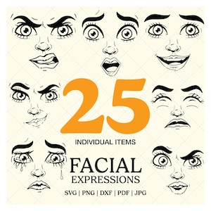 25 expressieve cartoongezichten SVG | Lijntekeningen vrouwelijke gezichtsuitdrukkingen | Clipart karakter emoties