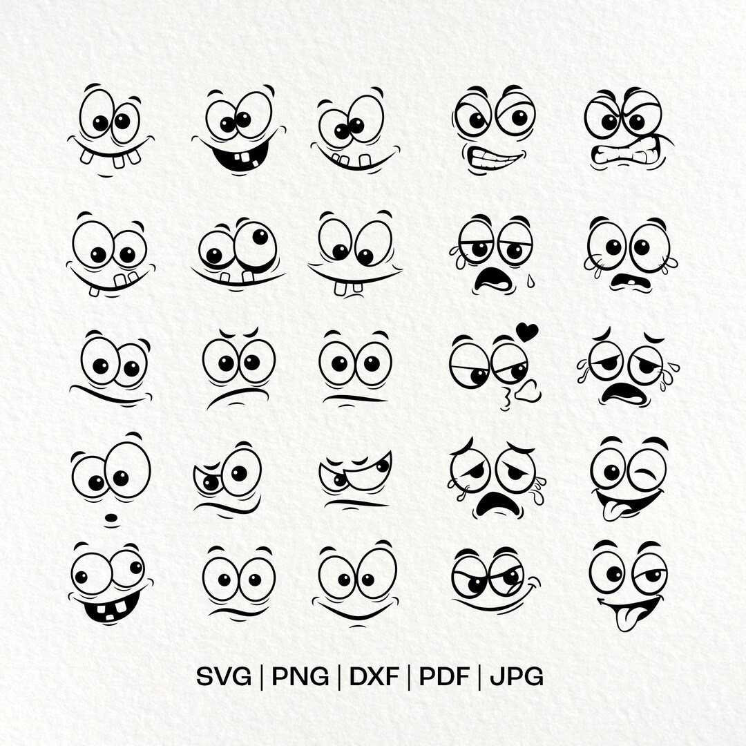 Faces Svg Png Dxf, 25 Cartoon Facial Expressions, Cricut Silhouette Cut ...
