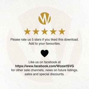 Puede incluir: Cinco estrellas doradas con un coraz&oacute;n negro y el texto "Por favor, calif&iacute;canos con 5 estrellas si te ha gustado esta descarga. A&ntilde;&aacute;delo a tus favoritos." y "Like us on facebook at https://www.facebook.com/WozartSVG for other sale channels, news on future listings, sales and special discounts."