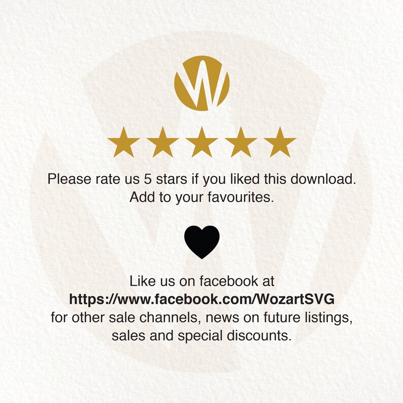 Puede incluir: Cinco estrellas doradas con un coraz&oacute;n negro y el texto "Por favor, calif&iacute;canos con 5 estrellas si te ha gustado esta descarga. A&ntilde;&aacute;delo a tus favoritos." y "Like us on facebook at https://www.facebook.com/WozartSVG for other sale channels, news on future listings, sales and special discounts."