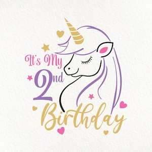 Geburtstag SVG mit Einhorn Illustration. Sofortiger Download Druckbar in den Formaten svg, png, eps, dxf.