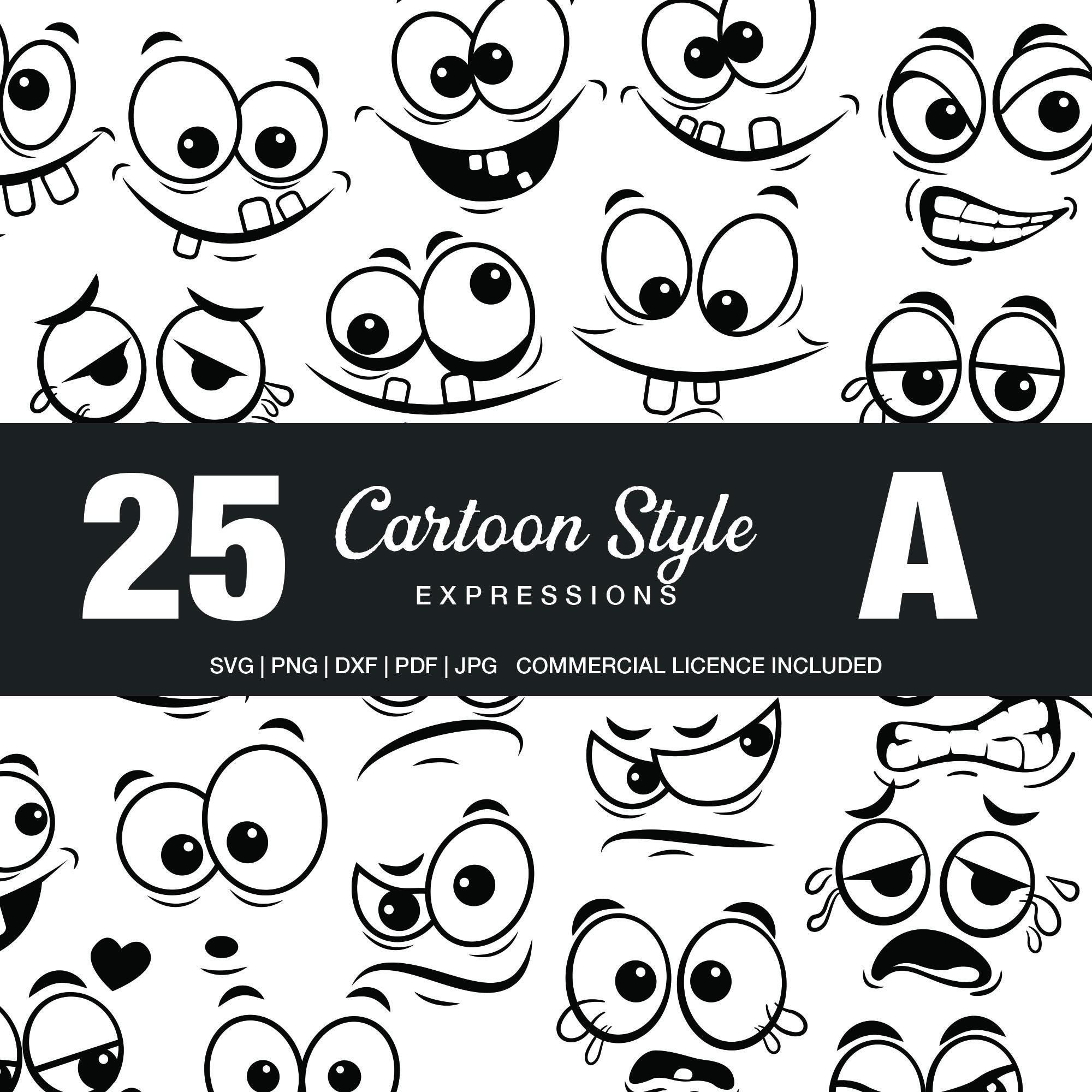 Faces Svg Eps Png Dxf, 25 Cartoon Facial Expressions, Cricut Silhouette ...