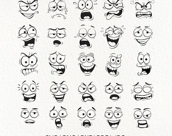Volti SVG. 25 espressioni facciali dei cartoni animati. Download digitale istantaneo.