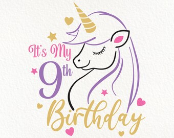 9th Birthday Unicorn SVG: Girl Birthday Illustration (Digital Download)