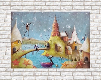 Pintura surrealista original, pinturas de paisajes caprichosos, pintura de ciudad de fantasía, obras de arte de paisajes de fantasía, pintura cósmica, espacio de arte extraño