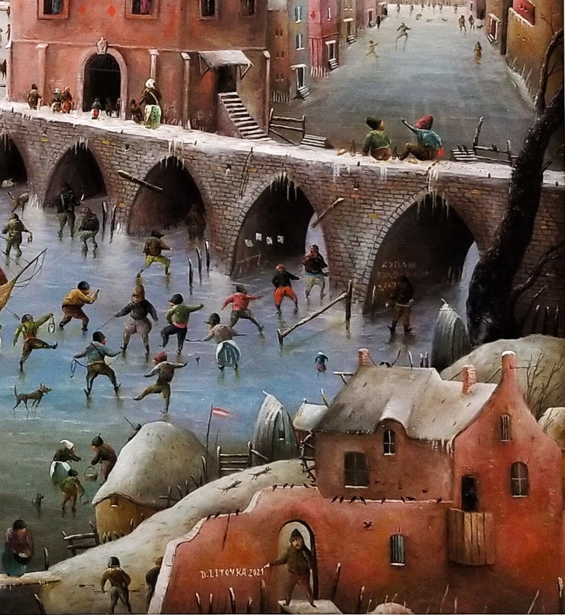 Large whimsical cityscape painting original, Surreal landscape city artwork, Fantasy canvas art original, Castle painting Panoramic wall art