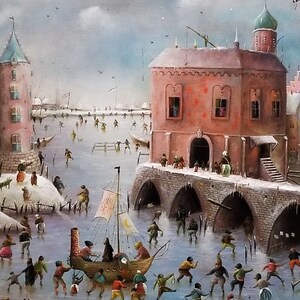 Large whimsical cityscape painting original, Surreal landscape city artwork, Fantasy canvas art original, Castle painting Panoramic wall art