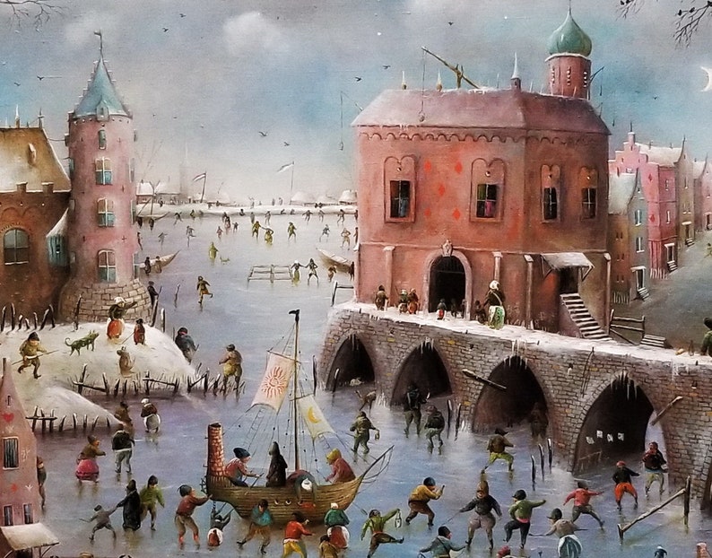 Large whimsical cityscape painting original, Surreal landscape city artwork, Fantasy canvas art original, Castle painting Panoramic wall art