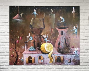 Pintura de arte gastronómico caprichoso, Arte mural caprichoso grande, Pintura al óleo de fantasía, Dibujo de naturaleza muerta de limón, Regalos extraños, Fantasía oscura, Arte de cuento de hadas