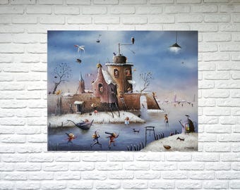 Whimsical painting on canvas, Whimsical landscape art Surreal oil painting original Urban art canvas Surreal art Surrealist painting scenery