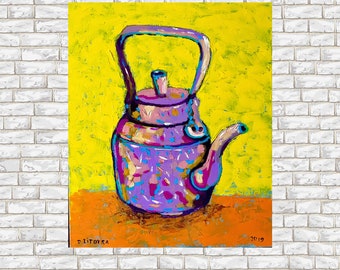 Tea kettle art print Kitchen wall art Vintage tea kettle print Funny kitchen print Still life paintig Tea kettle painting Tea art print
