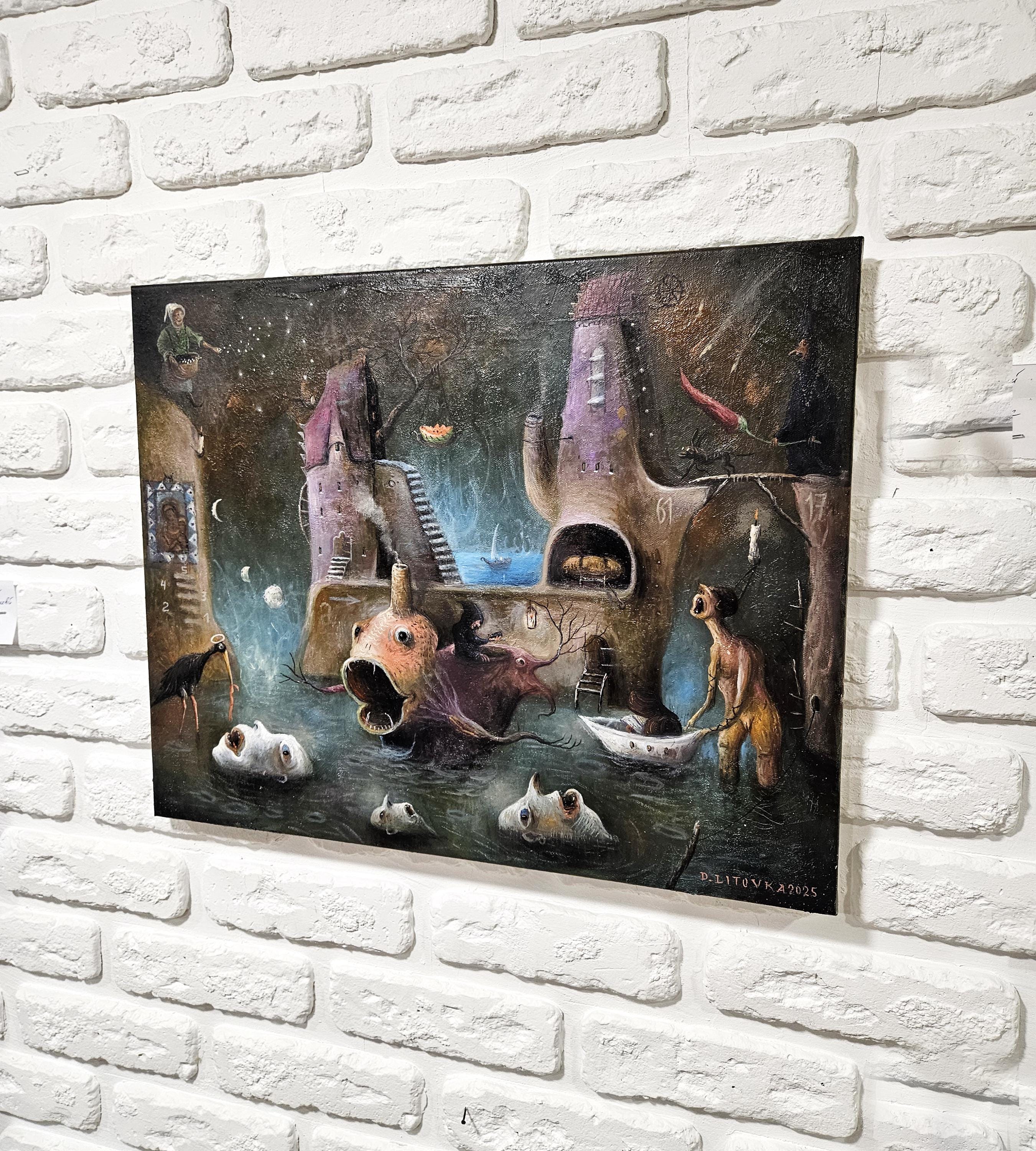 Dark surreal fish art painting, Weird old art canvas Absurdism wall art original Cityscape painting Alien abduction fishing strange gifts