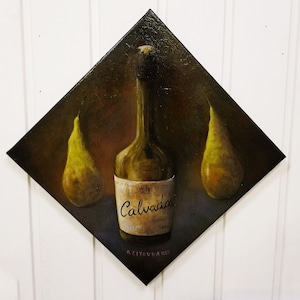 Peinture de nature morte originale sombre, Peinture à l’huile de nourriture petite, Nature morte de cuisine peinture à l’huile de fruits, Peinture de poire toile, Œuvre d’art de vin