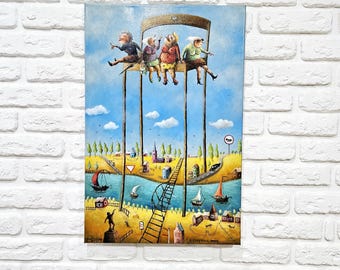 Oryginalne dzieło sztuki, Surrealizm, Fantazyjny krajobraz Surrealistyczny obraz olejny Sztuka miejska na płótnie Surrealistyczna sztuka ścienna Zabawne dzieło sztuki