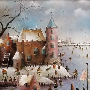 Large whimsical cityscape painting original, Surreal landscape city artwork, Fantasy canvas art original, Castle painting Panoramic wall art