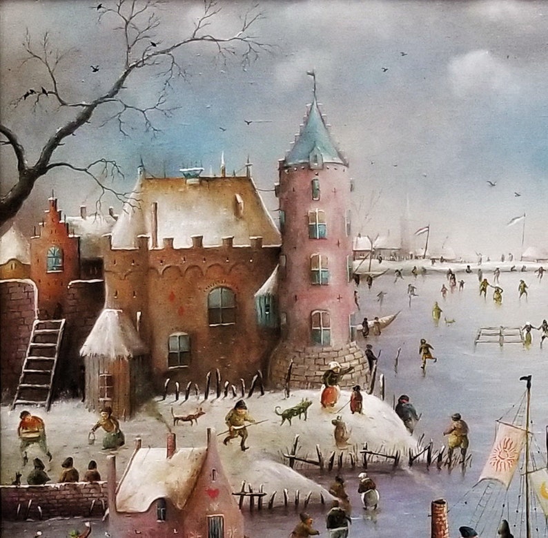 Large whimsical cityscape painting original, Surreal landscape city artwork, Fantasy canvas art original, Castle painting Panoramic wall art