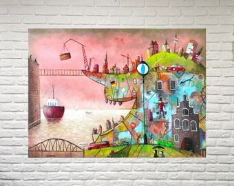Outsider art original painting Quirky original art Surrealist art Upside down art city oil painting Urban artwork Strange art Crazy wall art
