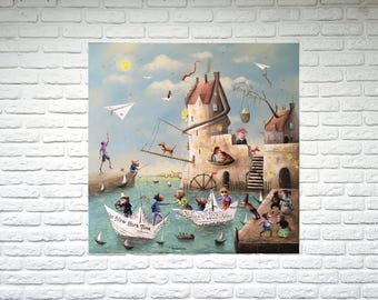 Whimsical painting on canvas, Whimsical landscape art Surreal oil painting original Urban art canvas Surreal art Surrealist painting scenery