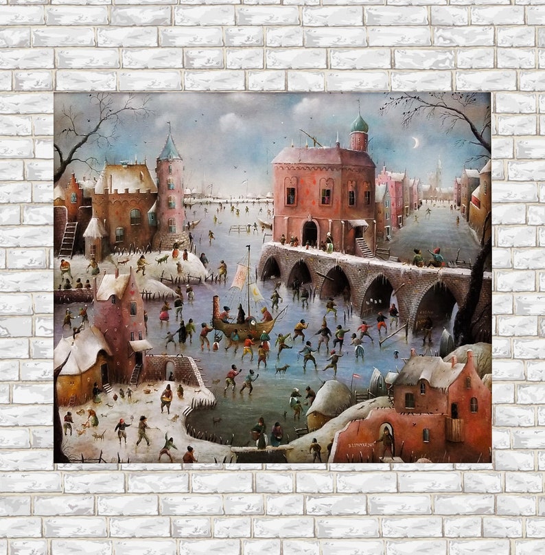 Large whimsical cityscape painting original, Surreal landscape city artwork, Fantasy canvas art original, Castle painting Panoramic wall art