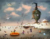 Surreal art print Winter painting print Winter print Surrealism print Landscape print on canvas Snow print Surreal wall art Samovar art