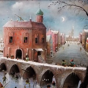 Large whimsical cityscape painting original, Surreal landscape city artwork, Fantasy canvas art original, Castle painting Panoramic wall art